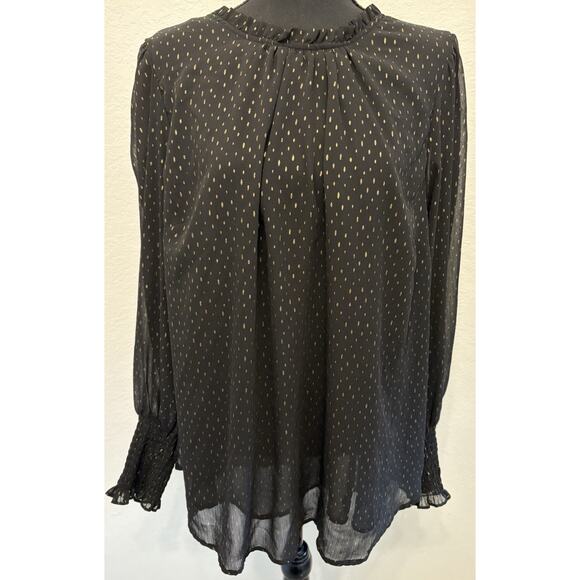 Cynthia Rowley Black Lined Blouse with Gold Keyhole Neck Ruffled Cuff Size 2X - Picture 1 of 4
